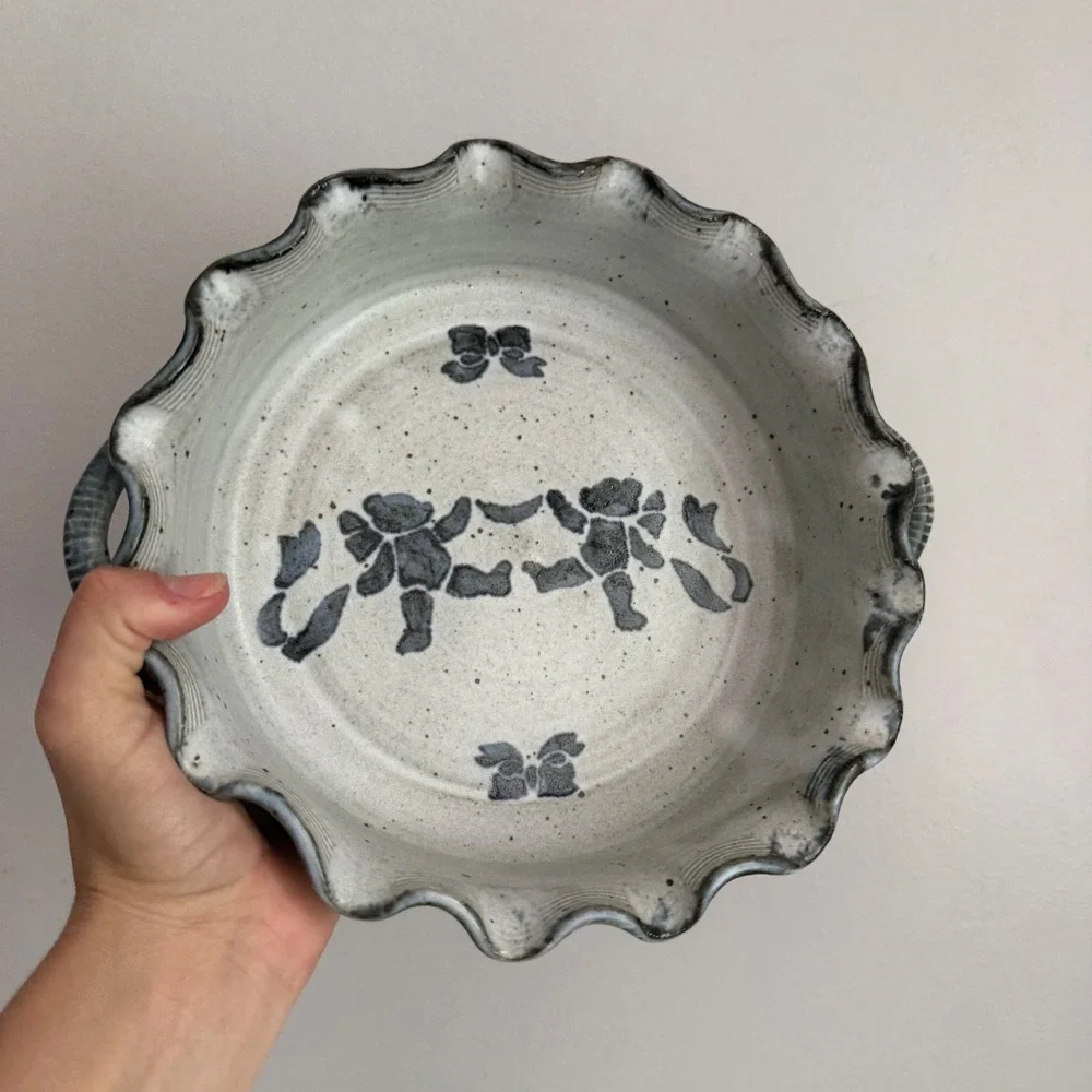 Vintage 1989 Signed Studio Pottery Serving Bowl Scalloped Rim Blue Gray Floral